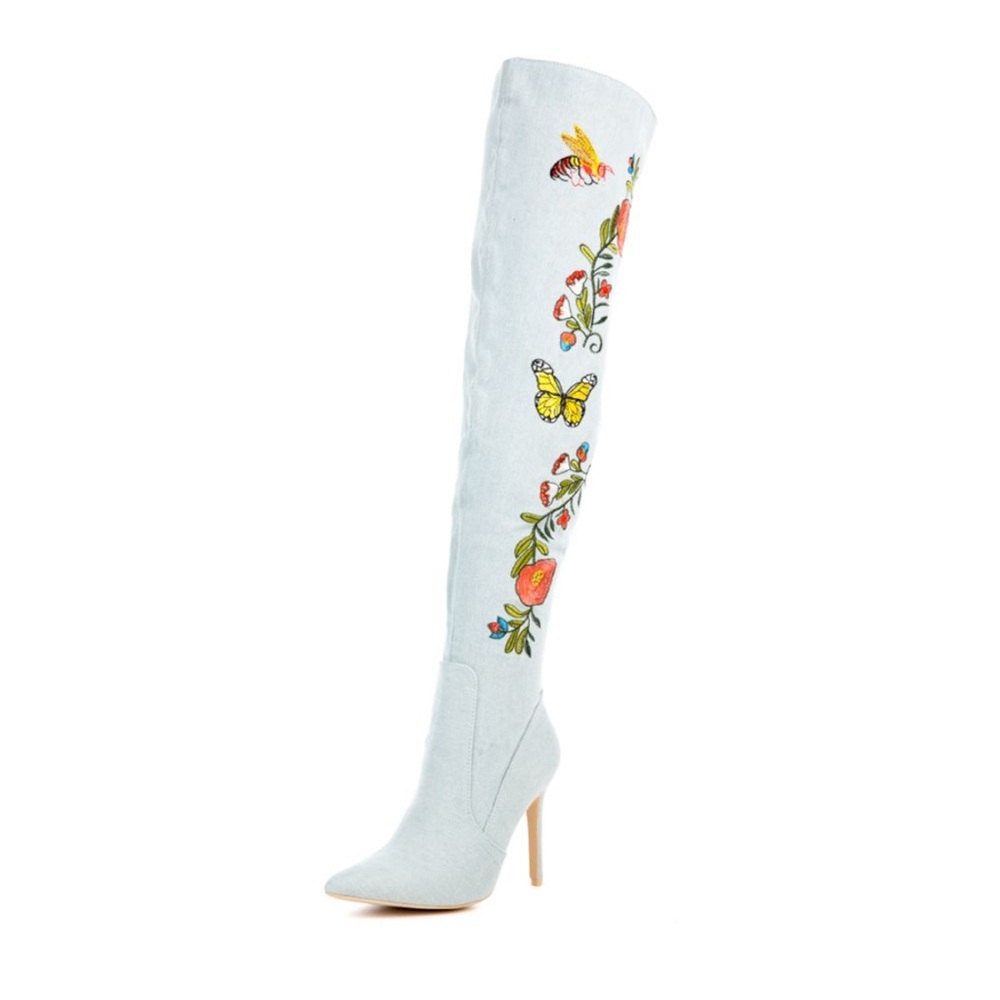 Cape Robbin White Over the Knee Boots with Floral Embroidery
